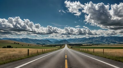 a two-lane highway with a yellow centerline. The sky is cloudy and blue, and the highway is surrounded by a field.