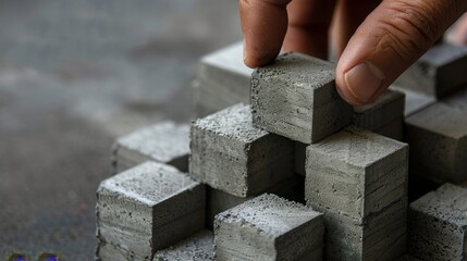 A hand arranging small building blocks into a structure, representing the construction of a new business foundation