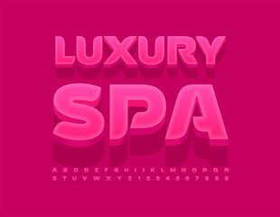 Vector advertising sign `Luxury_ Spa. Stylish Red 3D Font. Exclusive Alphabet Letters and Numbers set.	