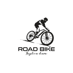 Naklejka premium Cycling Logo, Cyclist On Road Bike silhouette black, vector illustration