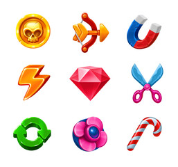 Set of game icons, boosters.  Assets for Mobile Game suitable for use in casual games on transparent background PNG. Gaming UI.
