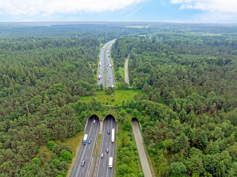 Aerial from ecoduct De Woeste Hoeve on the Veluwe at the highway A50 in the Netherlands