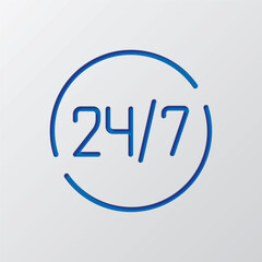 24h hours a day and 7 days a week simple icon vector. Flat design. Paper cut design. Cutted blue symbol with shadow. Gray background