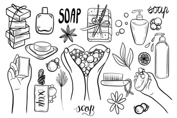Illustration hygiene soap collection . Hand washing, hand in form of heart, bars of solid soap and liquid soap in a bottle with a dispenser. Vector set
