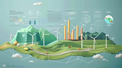 An environmental infographic highlighting renewable energy sources with illustrations and statistical bar graphs.