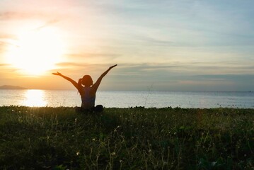 Lifestyle woman yoga exercise and pose for healthy life. Young girl or people pose balance body...
