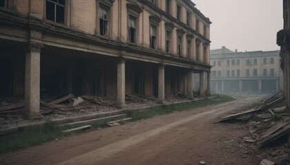 A haunting scene of urban decay with abandoned buildings and rusting vehicles under a bleak, overcast sky