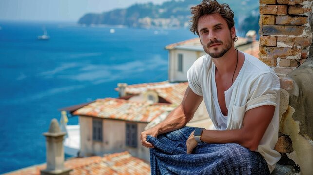 A stylish man casually leans on a wall with a picturesque coastal town and blue sea in the background