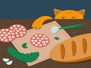 Ginger cat steals food from table. Vector illustration of bread, sausage, onion, garlic, cucumber. Kitchen table with groceries. Funny drawing of cute pet cat.