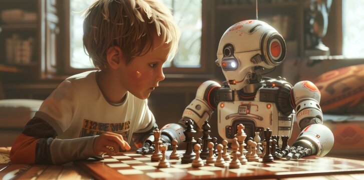 A little boy and a robot playing chess against a backdrop of bookshelves, robot for home, artificial intelligence, development, future, perfect for articles about robots, AI and the future