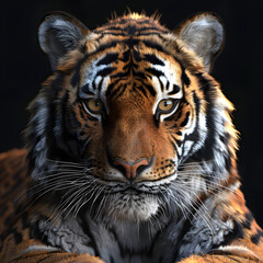 A tiger photographed against a dark background, captured in a studio setting,showcases its majestic presence with dramatic lighting highlighting its powerful features.The controlled environment allows