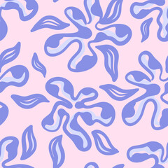 Vector floral seamless pattern. Abstract spotted blue flowers with leaves in hand drawn style. Retro vibe. Cottage core. Design for fabric, wallpaper, wrapping paper, cover, poster, invitation