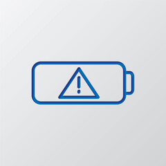 Battery attention simple iocn vector. Flat design. Paper cut design. Cutted blue symbol with shadow. Gray background