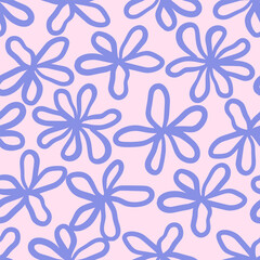 Vector floral seamless pattern. Abstract simple blue flowers in hand drawn style on pink background. Retro vibe. Cottage core. Design for fabric, wallpaper, wrapping paper, cover, poster, invitation