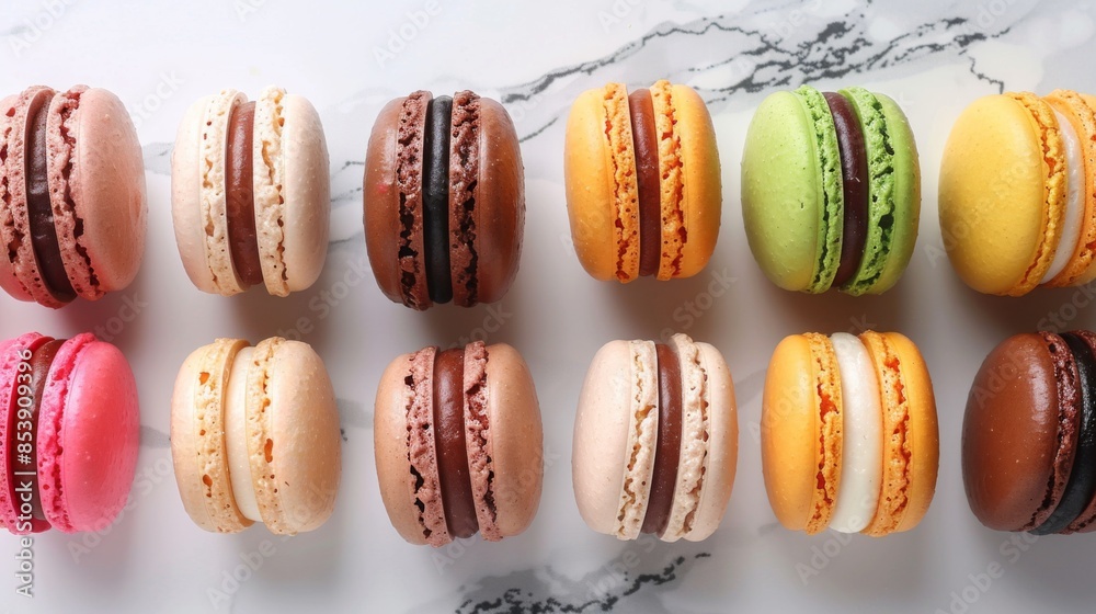 Poster Assortment of colorful French macarons arranged in rows on a marble countertop, perfect for a dessert buffet.