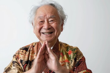 Portrait of a jovial asian man in his 80s joining palms in a gesture of gratitude isolated on white background