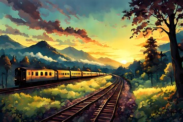 Fototapeta premium Railway in the sunset against beautiful of nature. Generative AI Illustration