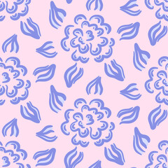 Vector floral seamless pattern. Abstract blue flowers with leaves in hand drawn style. Retro vibe. Cottage core. Design for fabric, wallpaper, wrapping paper, cover, poster, invitation