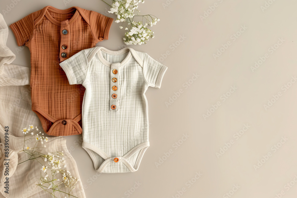 Wall mural Baby onesie set on a beige background. Fashion newborn clothes. Flat lay, top view. Baby kids soft clothing made from organic cotton. Infant trendy bodysuit natural colors, earth tones. Gender neutral