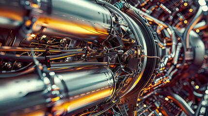 Hyper-realistic view of hydraulic pipes in an aircraft intricate details of the pipes and connectors lighting  high-tech aerospace  metallic textures