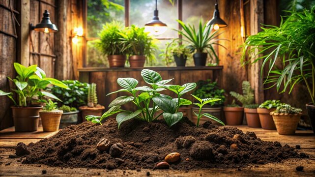 Vintage Style Lush Agricultural Plants Growing in Rich Terra Preta Soil Underground