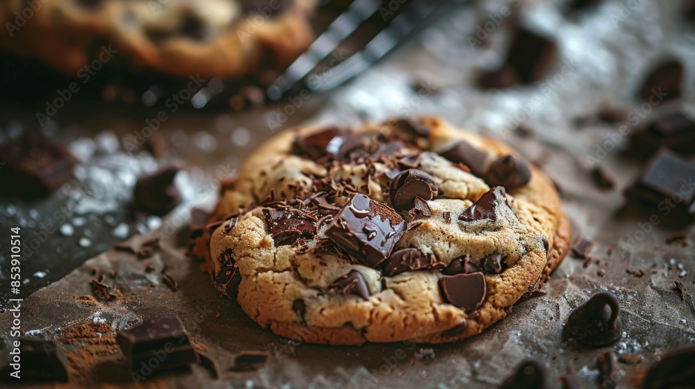 Poster Close-up of a freshly baked chocolate chip cookie with melting chocolate chunks, placed on a rustic kitchen table.