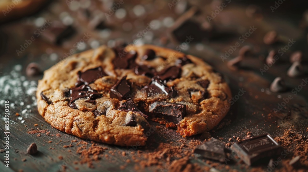 Poster Close-up of a freshly baked chocolate chip cookie with melting chocolate chunks, placed on a rustic kitchen table.