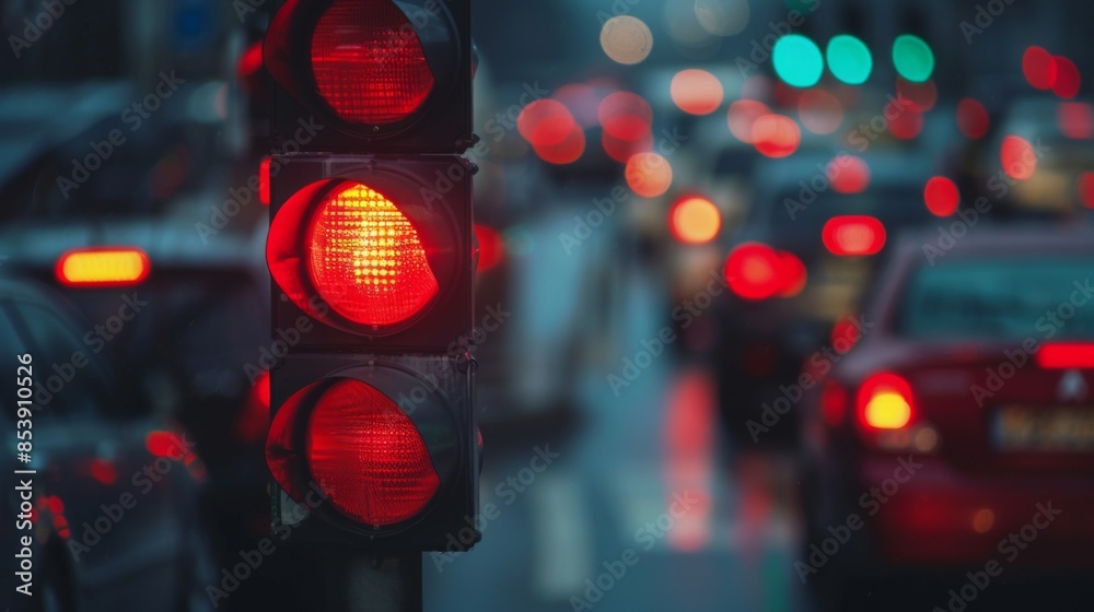 Poster close-up of a red traffic light with cars stopped at an intersection during rush hour traffic.