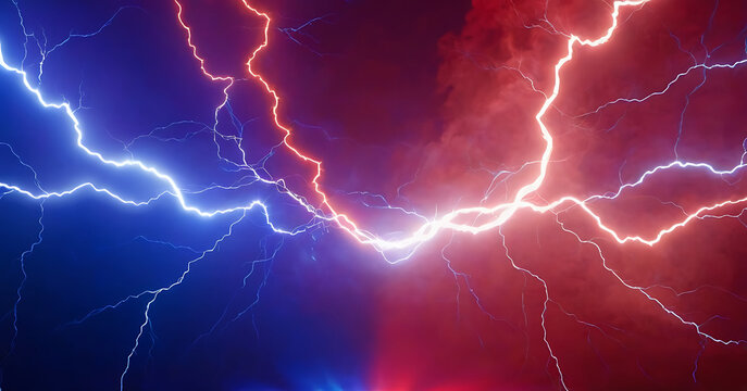 A powerful clash of red and blue lightning bolts against a dark background, symbolizing opposing forces or a dramatic confrontation. Ideal for conveying conflict, energy, or electricity-related themes
