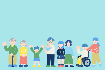 横に並んでいる地域の人々のフラットなイラスト（セット）