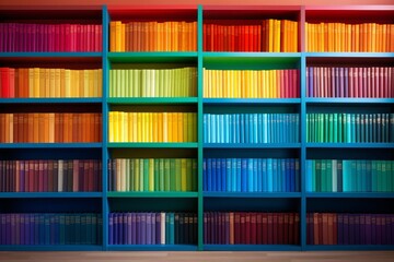 bookshelf with multi-colored books, background consisting of a huge bookshelf lined with colored books of all colors of the rainbow, bright home library background, generative ai