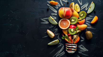 Fresh fruits arranged in shape of light bulb with chalk drawing