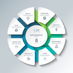Infographic circular diagram with 8 options. Round chart that can be used for business analytics, data visualization and presentation. Vector illustration.