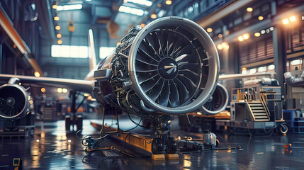 Lifelike image: Aircraft engine being serviced pr essional maintenance scene immersive atmosphere clear focus.