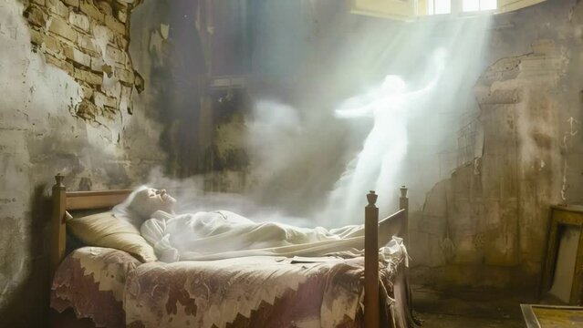 The soul of a deceased person ascends to heaven. Concept of dying, soul and afterlife.