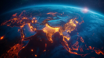 Aerial Map of Asia with China's Deep Blue and Glowing Orange Lights Representing Global Growth and AI Technology Integration