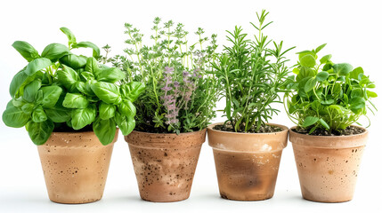 Fototapeta premium Four potted herbs on a white background. The herbs are basil, thyme, rosemary, and parsley.