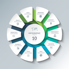 Infographic circular diagram with 10 options. Round chart that can be used for business analytics, data visualization and presentation. Vector illustration.