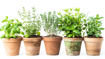 Four potted herbs on a white background. The herbs are basil, thyme, rosemary, and parsley.