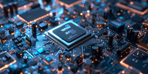Obraz premium Closeup of microprocessor on motherboard. Concept of computer chip and technology.