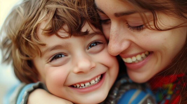 Cheerful mother and her son. Concept of happy family and motherhood.