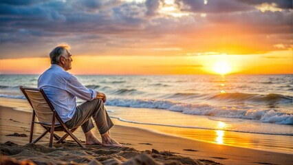 Lonely senior man sitting at the beach , looking sunset