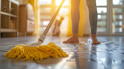 Mopping Floor in Modern Living Room.