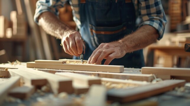 Close-Up of a Carpenter's Hands Working on Wood