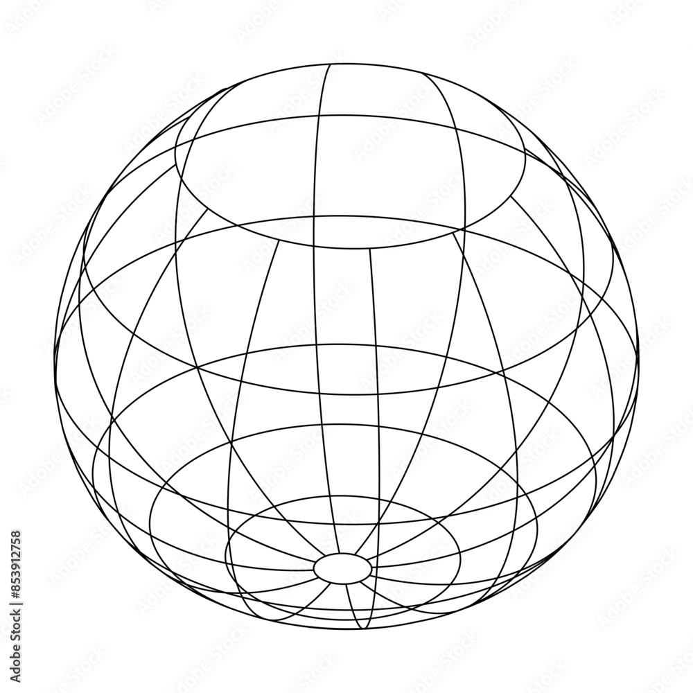 Poster Abstract Y2K wireframe model, cyberpunk retro-futuristic shape. Mesh isolated sphere. Vector illustration on transparent background. Editable stroke.	