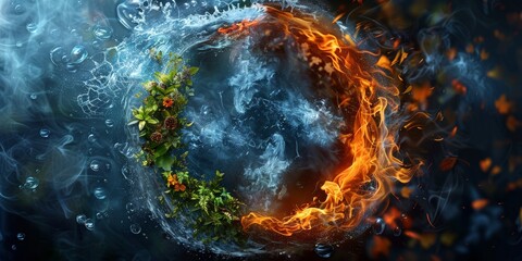 The four elements of nature forming a circular shape Earth wind fire air water breathtaking creative design dramatic dark background emphasizing elements in the center low angle