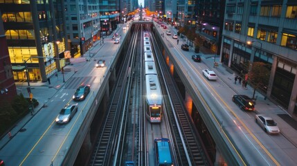 Naklejka premium Elevated view of a skytrain traveling on tracks above a city street with cars and pedestrians below.