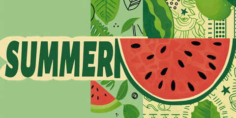 Watermelon Summer Illustration. A playful illustration of watermelon slices with vibrant reds and greens against a textured green background. Features a whimsical sun with "SUMMER" text. Perfect for p