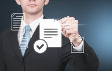 Employee selection, hand of businessman process and application form