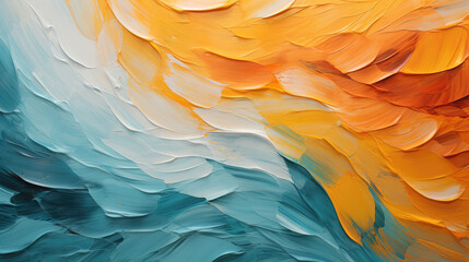 Closeup of abstract rough colorful blue orange complementary colors art painting texture background wallpaper, with oil or acrylic brushstroke waves, pallet knife paint on canvas, Generative AI